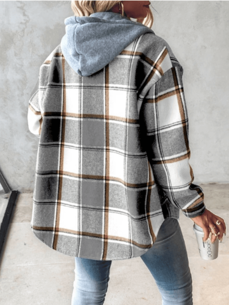 Arabella Hooded Check Brushed Button Front Shacket Overshirt