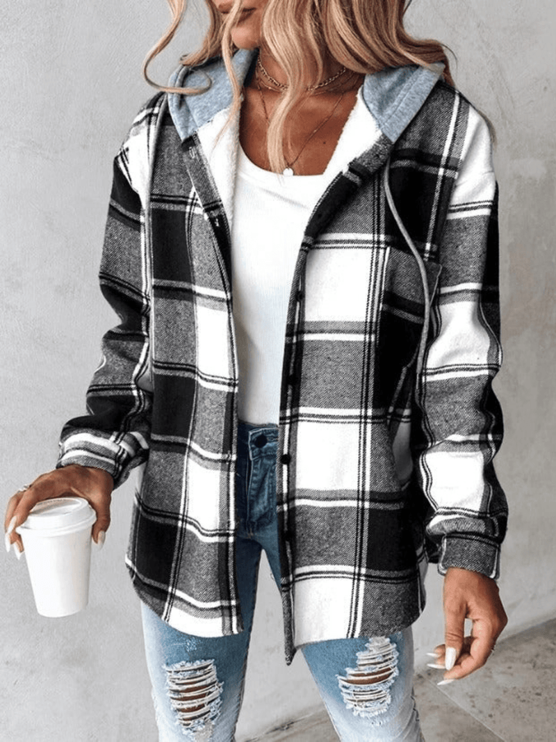Arabella Hooded Check Brushed Button Front Shacket Overshirt