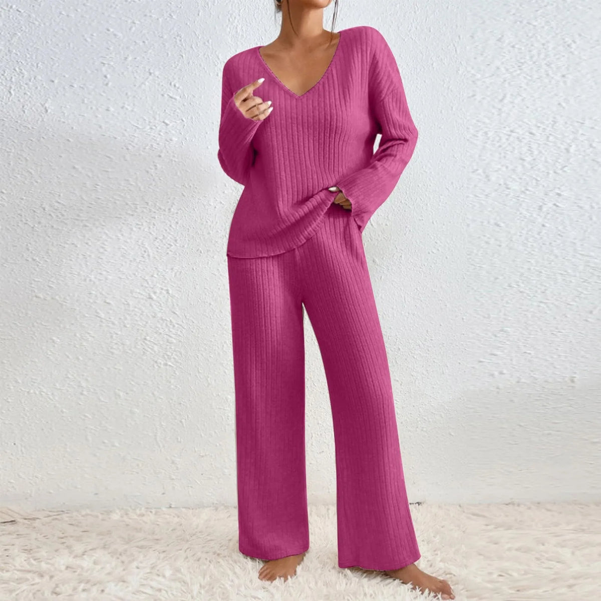 Tara Ribbed V Neck Knit and Wide Leg Trouser Lounge Set - Pink