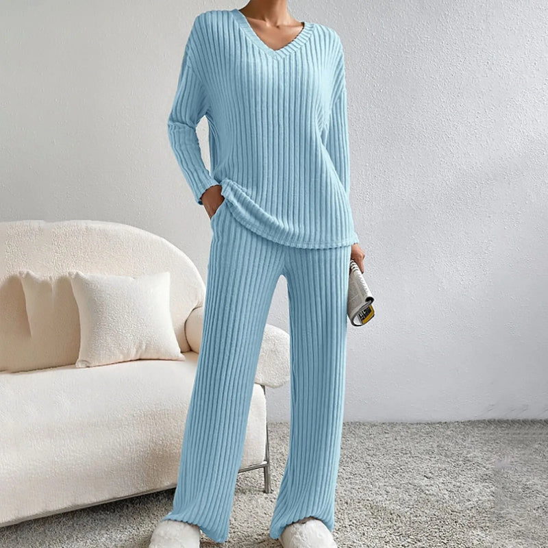 Tara Ribbed V Neck Knit and Wide Leg Trouser Lounge Set