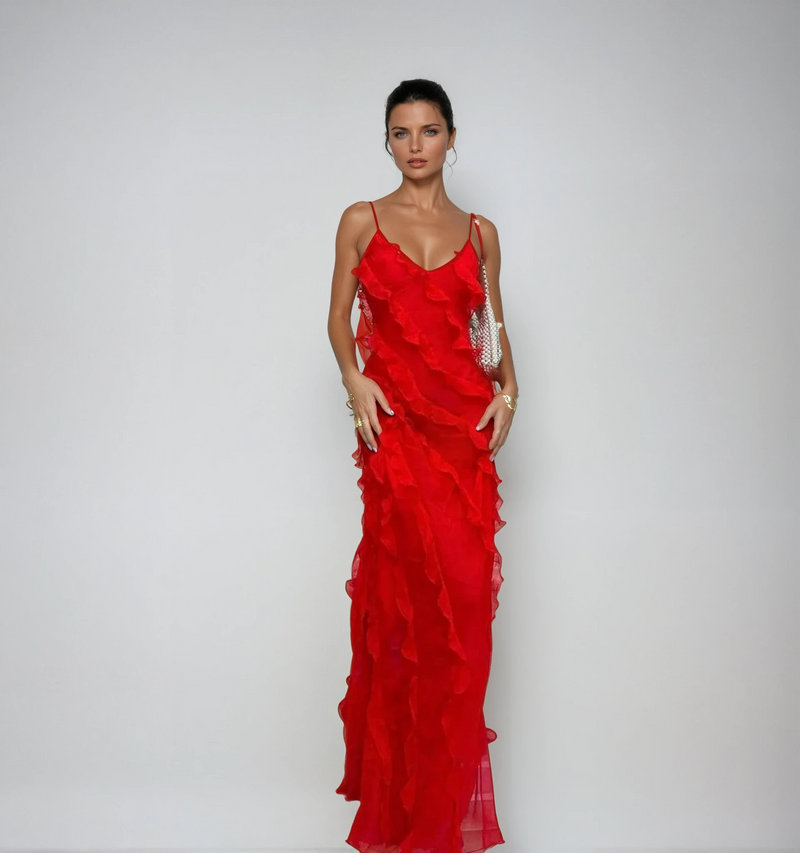 Briar Textured Ruffle Trim Strappy Fitted Column Maxi Dress