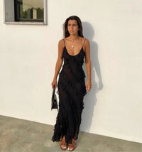 Briar Textured Ruffle Trim Strappy Fitted Column Maxi Dress