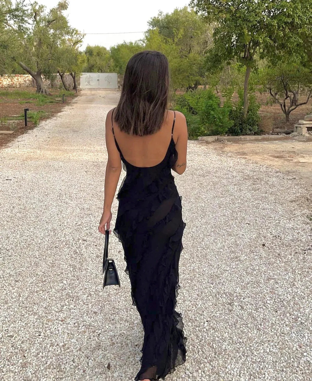 Briar Textured Ruffle Trim Strappy Fitted Column Maxi Dress