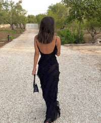 Briar Textured Ruffle Trim Strappy Fitted Column Maxi Dress