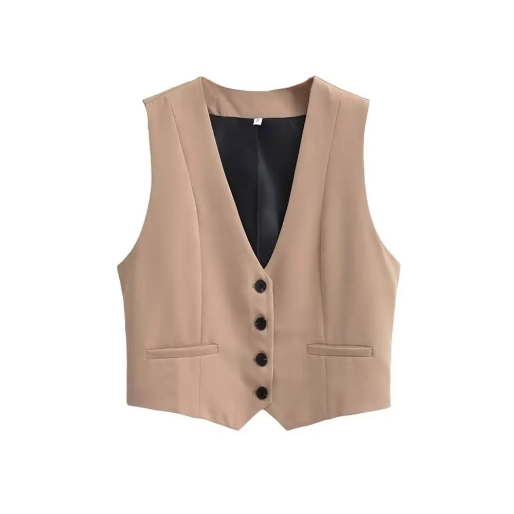 Ximena Pointed Hem Welt Pocket Tailored Waistcoat Vest - Beige