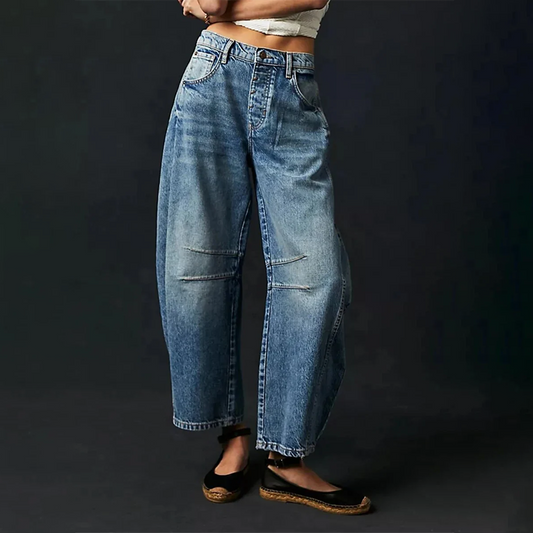 Paulette Curved Barrel Leg High Waist Relaxed Denim Jeans - Dark Blue