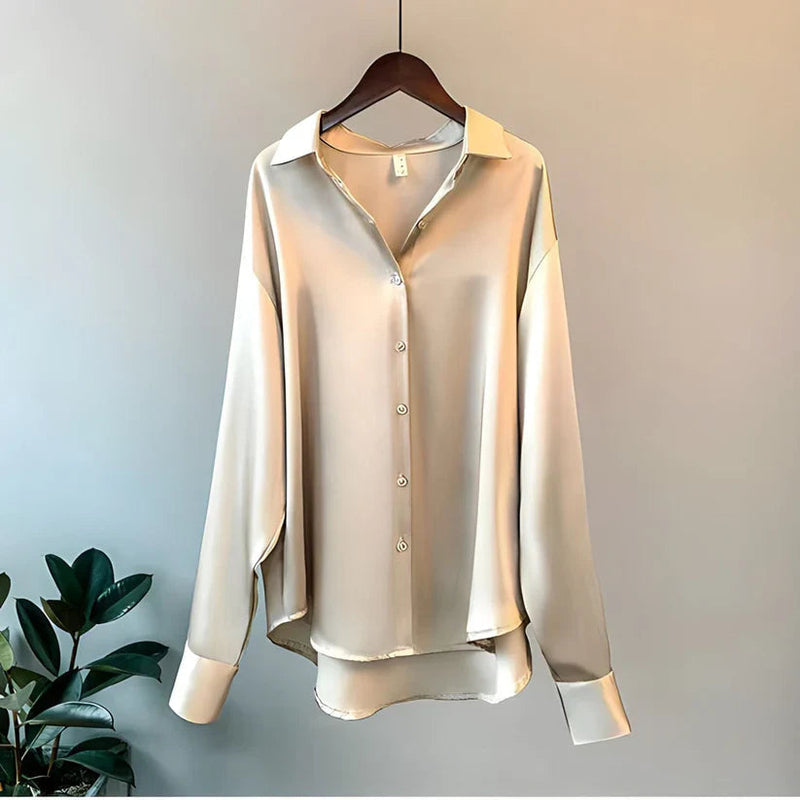 Edwige Drop Shoulder Curved Hem Oversized Fluid Satin Shirt