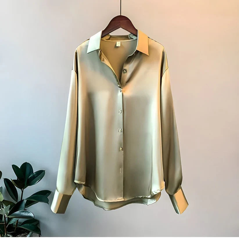 Edwige Drop Shoulder Curved Hem Oversized Fluid Satin Shirt - Green
