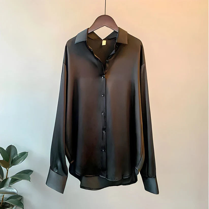 Edwige Drop Shoulder Curved Hem Oversized Fluid Satin Shirt - Black