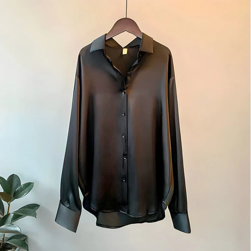 Edwige Drop Shoulder Curved Hem Oversized Fluid Satin Shirt
