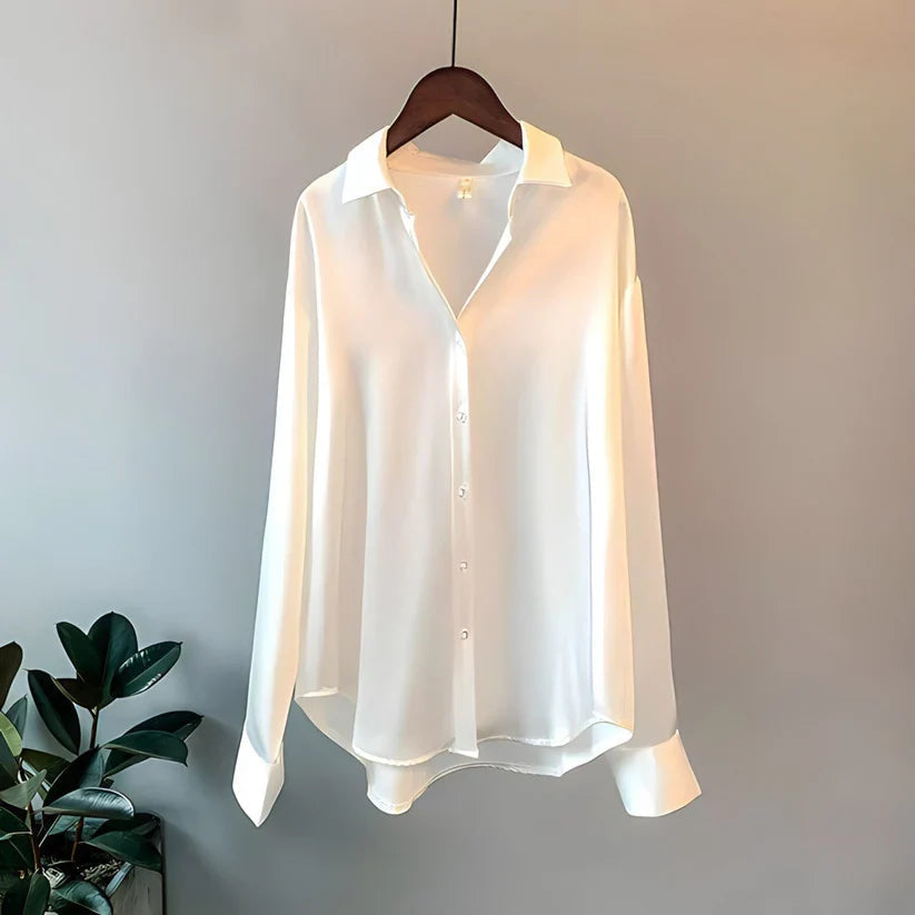 Edwige Drop Shoulder Curved Hem Oversized Fluid Satin Shirt - White