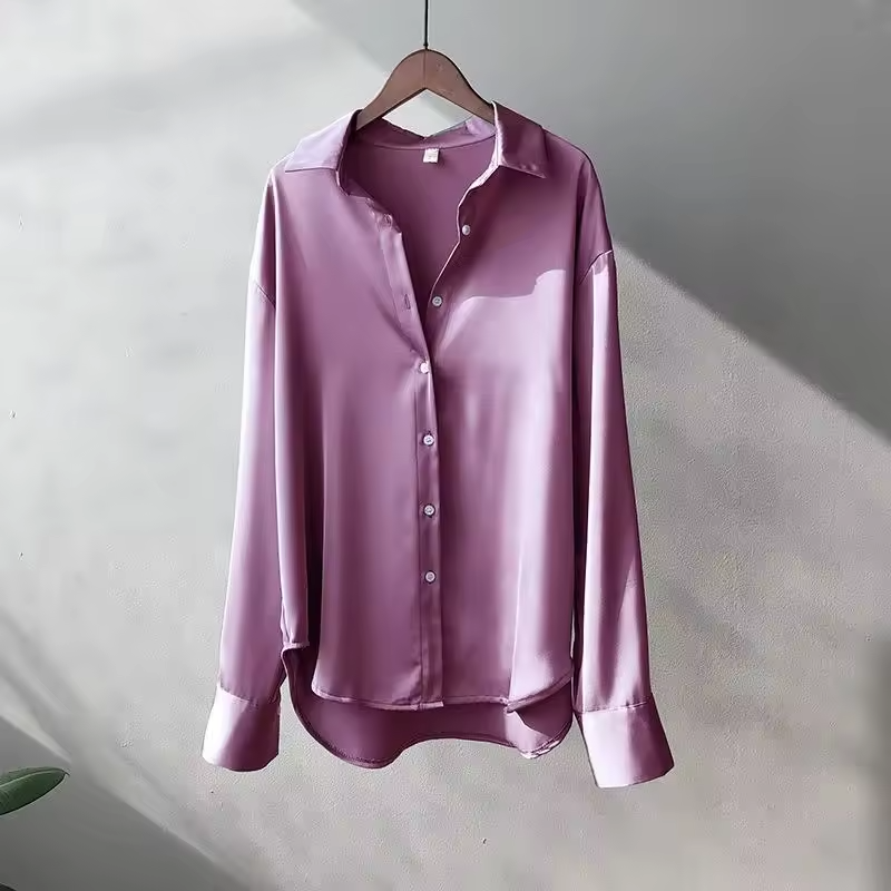Edwige Drop Shoulder Curved Hem Oversized Fluid Satin Shirt