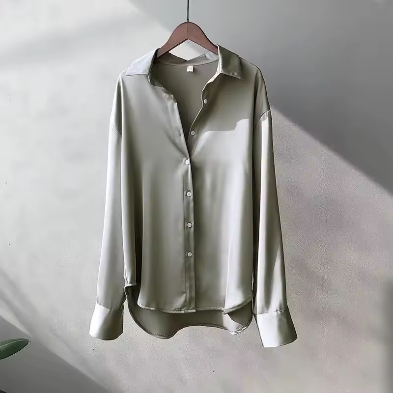 Edwige Drop Shoulder Curved Hem Oversized Fluid Satin Shirt - Grey