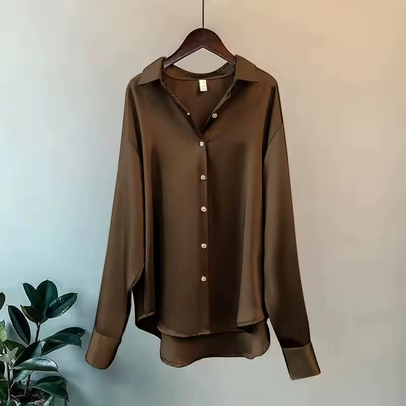 Edwige Drop Shoulder Curved Hem Oversized Fluid Satin Shirt