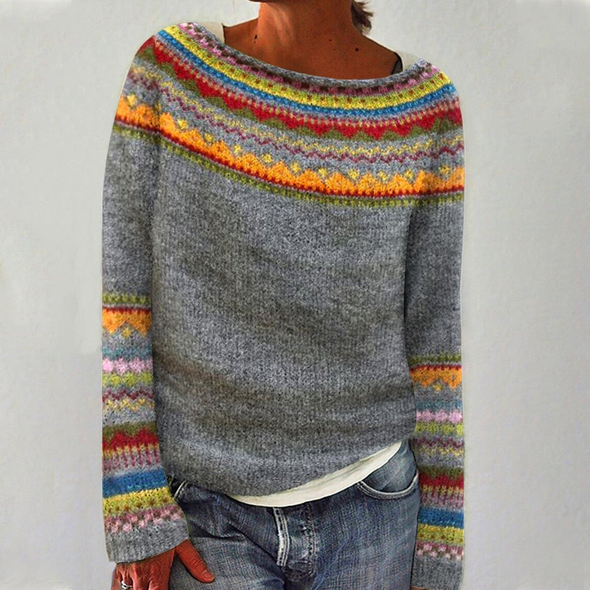 Clemence Multi Stripe Fine Knit Relaxed Crew Neck Jumper - Grey/Coloured