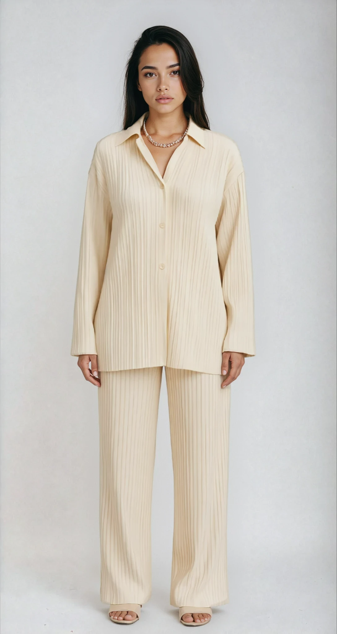 Willa Fine Pleat Collared Shirt and Wide Trouser Set - Beige