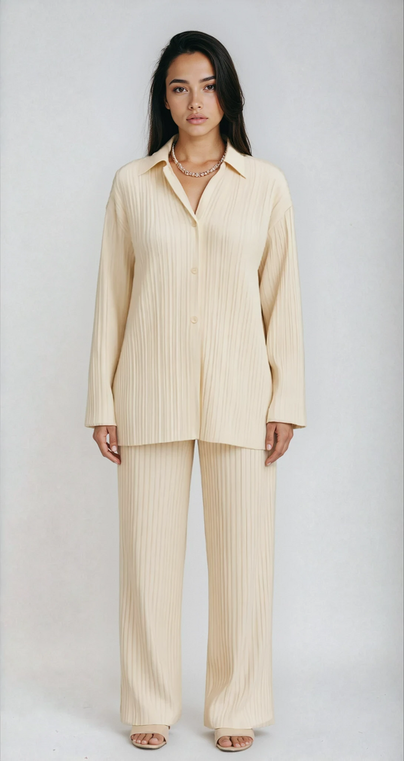 Willa Fine Pleat Collared Shirt and Wide Trouser Set