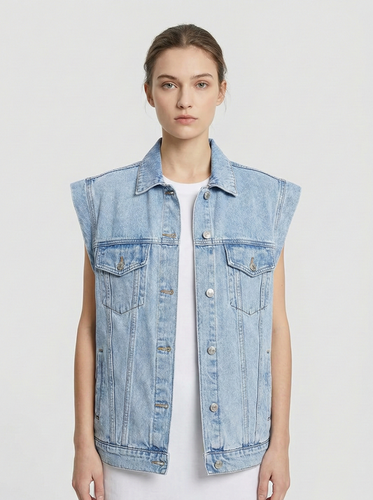 Ilaria Denim Point Collar Sleeveless Longline Gilet Waistcoat