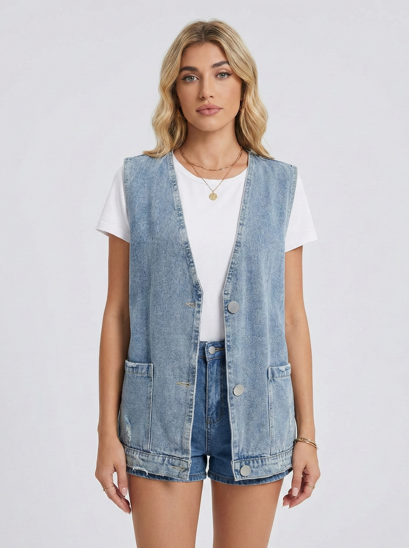 Laurel Deep V Patch Pocket Sleeveless Longline Gilet Waistcoat