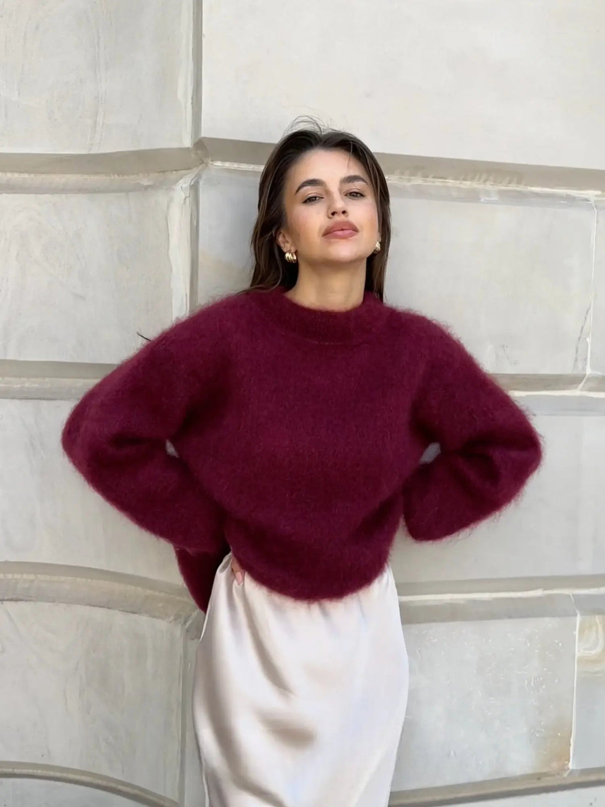 Eira Brushed Soft Oversized Crew Neck Slouch Knit Jumper - Burgundy