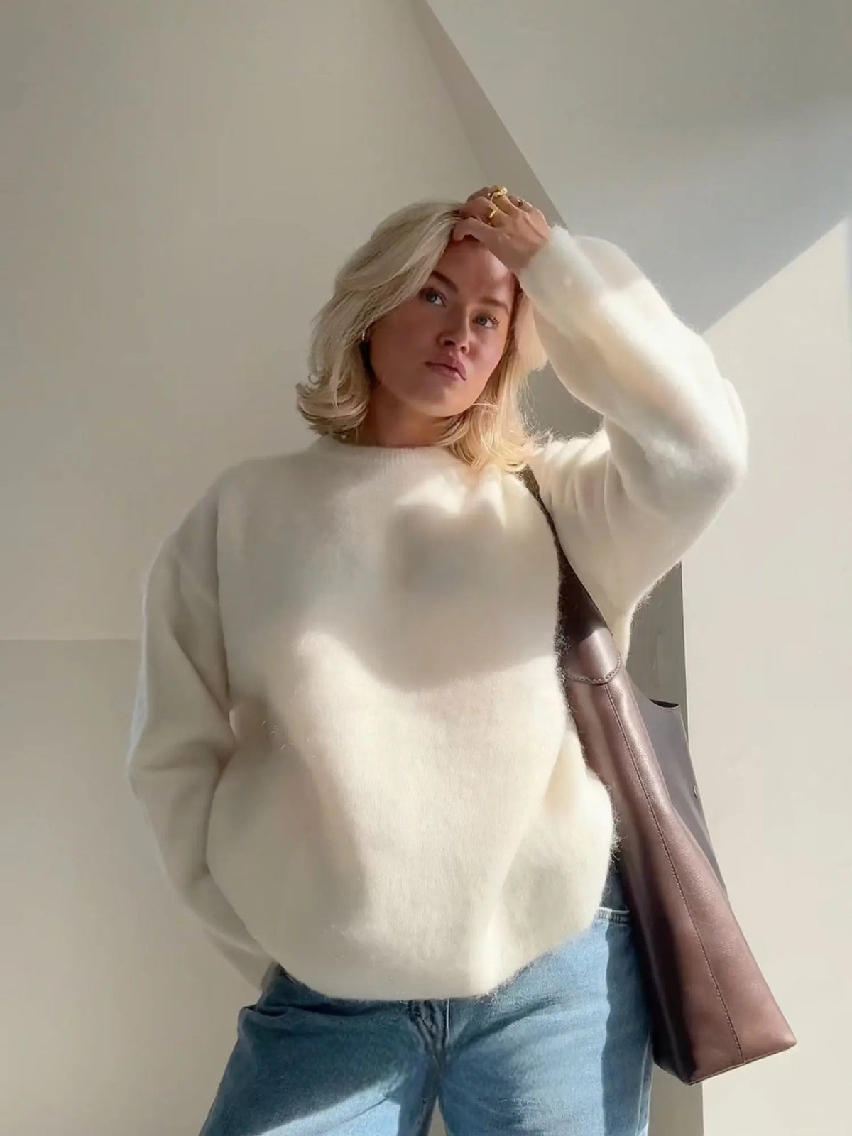 Eira Brushed Soft Oversized Crew Neck Slouch Knit Jumper - Cream