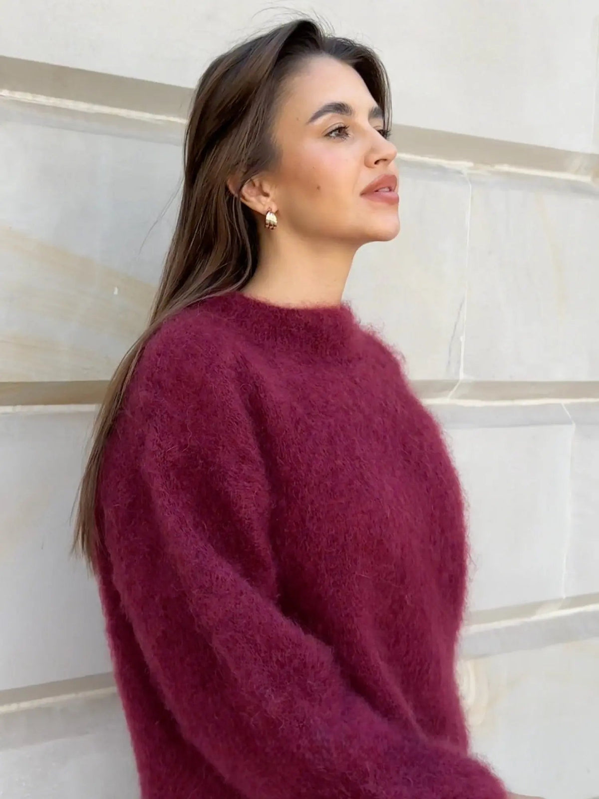 Eira Brushed Soft Oversized Crew Neck Slouch Knit Jumper - Burgundy