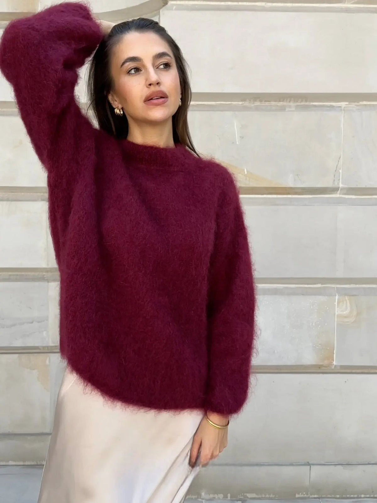 Eira Brushed Soft Oversized Crew Neck Slouch Knit Jumper - Burgundy