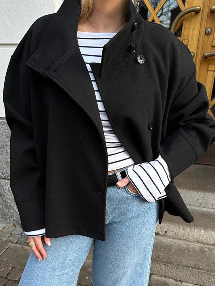 Sabine Funnel Collar Double Breasted Cocoon Short Coat
