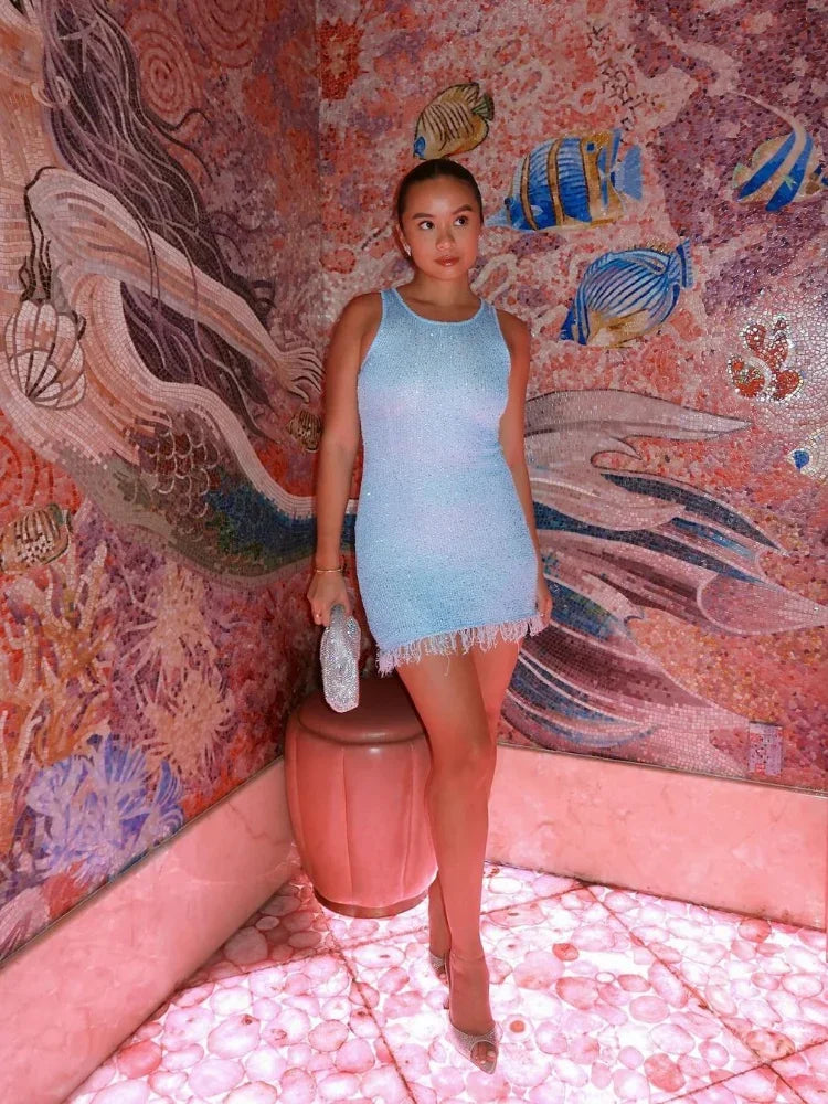 Corisande Sparkle Knit Fringed Hem Sleeveless Bodycon Mini Dress - Light Blue