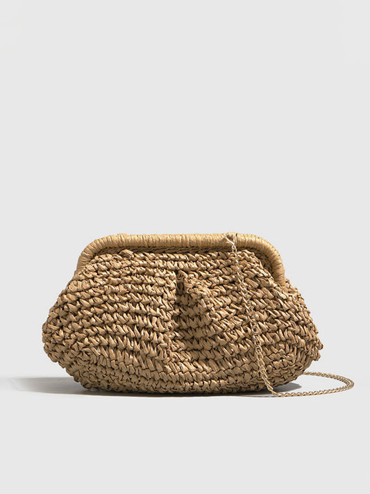 Celeste Woven Straw Frame Clasp Slouch Clutch - Khaki