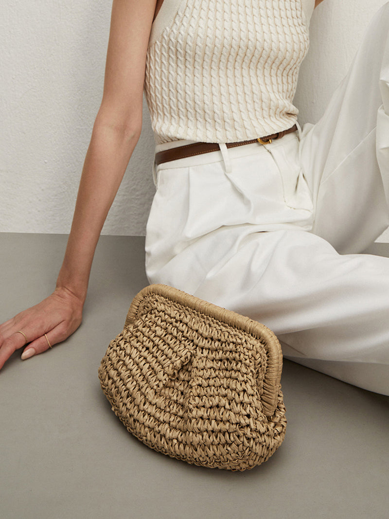 Celeste Woven Straw Frame Clasp Slouch Clutch