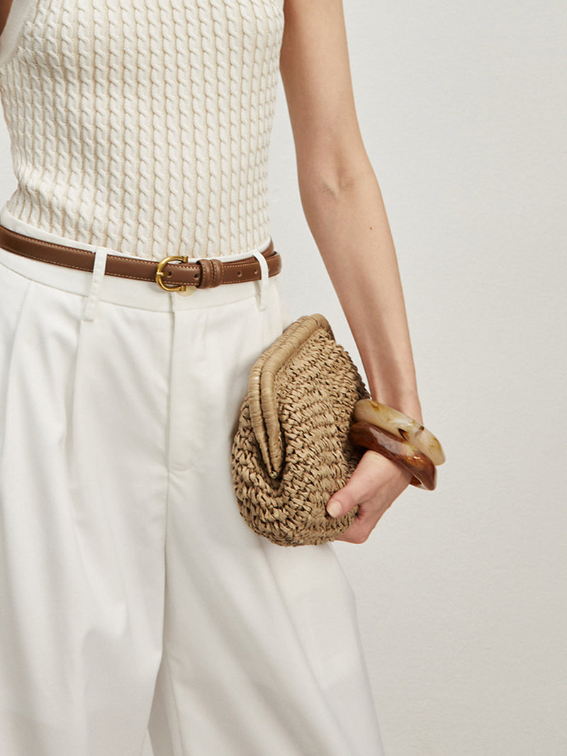 Celeste Woven Straw Frame Clasp Slouch Clutch