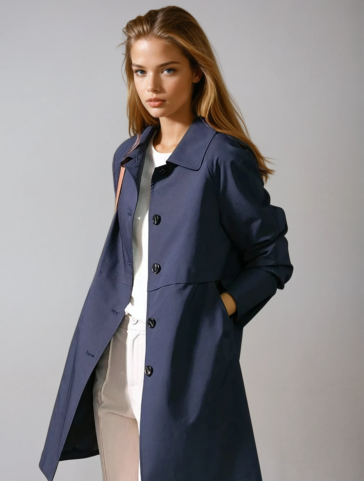 Anouk Flat Collar Single Breasted Longline Rain Mac Coat - Dark Blue