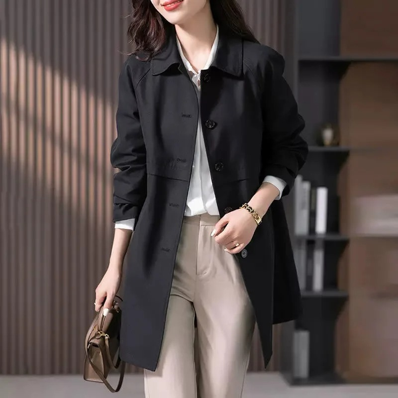 Anouk Flat Collar Single Breasted Longline Rain Mac Coat - Black
