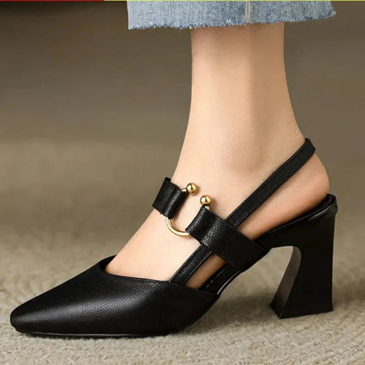 Armelle Pointed Toe Ring Detail Buckled Strap Mary Jane Shoes - Black