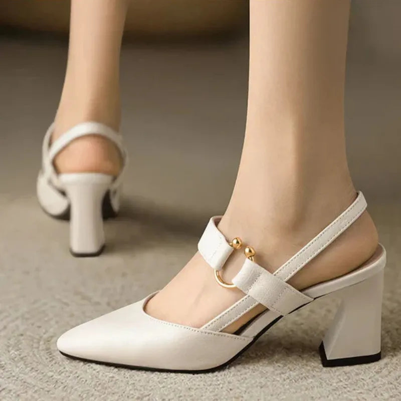 Armelle Pointed Toe Ring Detail Buckled Strap Mary Jane Shoes - Beige