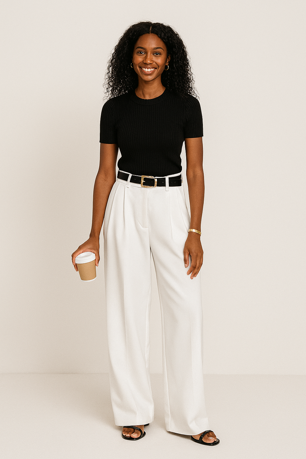 Raymonde Contrast Waistband Tailored High Rise Wide Leg Trousers - White