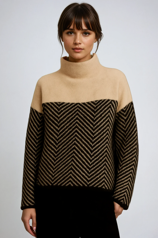 Damaris Herringbone Colour Block Roll Neck Knit Jumper - Beige