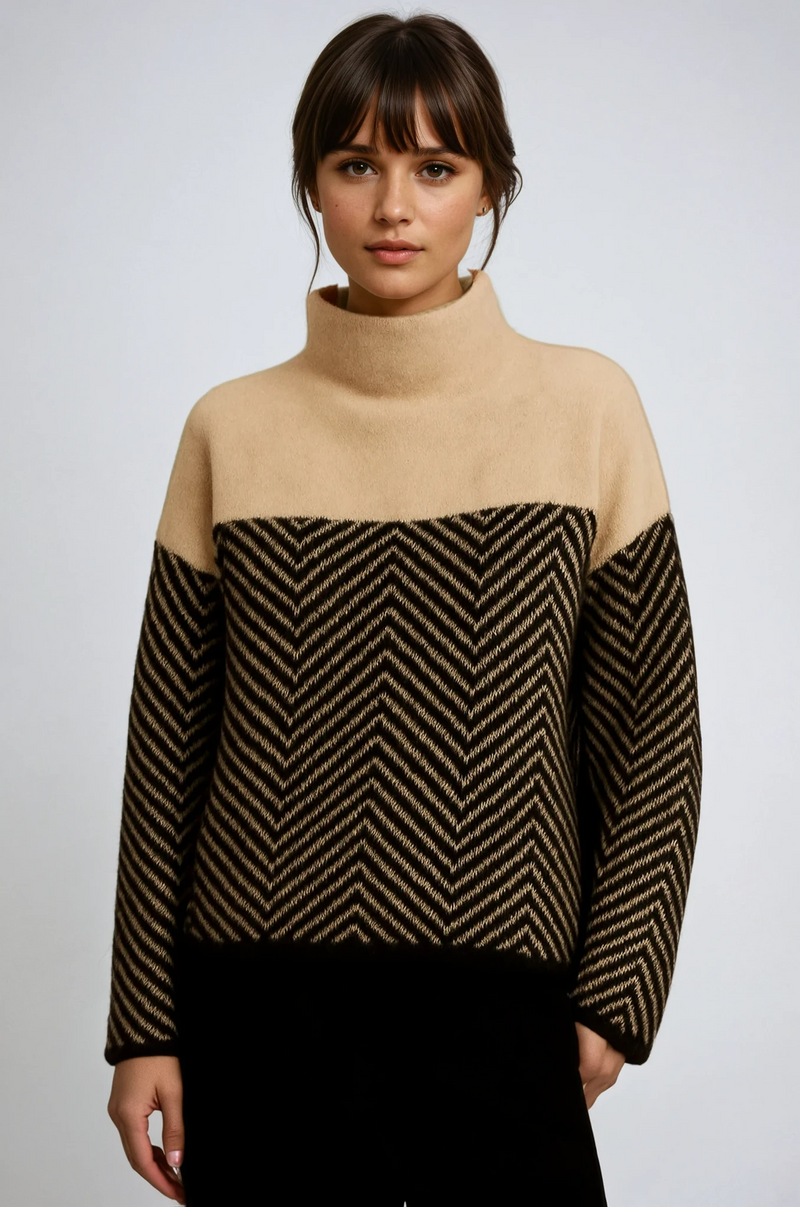 Damaris Herringbone Colour Block Roll Neck Knit Jumper