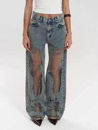 Renee Sheer Mesh Panel Insert Wide Leg Denim Jeans