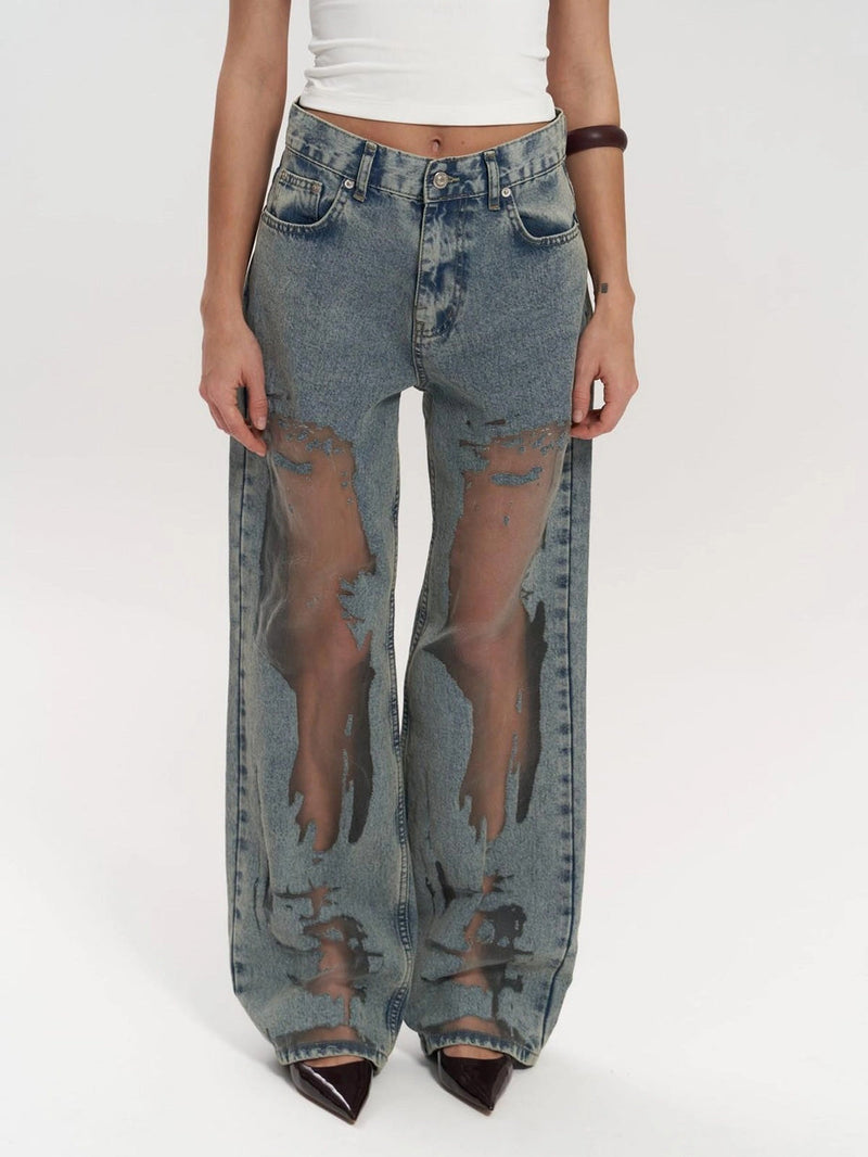 Renee Sheer Mesh Panel Insert Wide Leg Denim Jeans