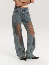 Renee Sheer Mesh Panel Insert Wide Leg Denim Jeans