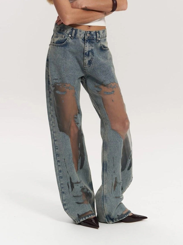 Renee Sheer Mesh Panel Insert Wide Leg Denim Jeans