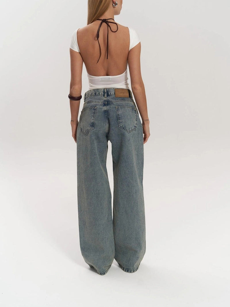 Renee Sheer Mesh Panel Insert Wide Leg Denim Jeans