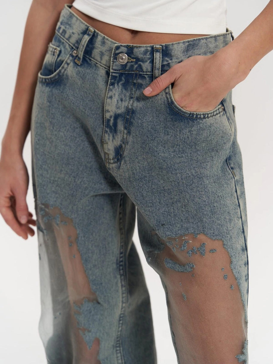 Renee Sheer Mesh Panel Insert Wide Leg Denim Jeans