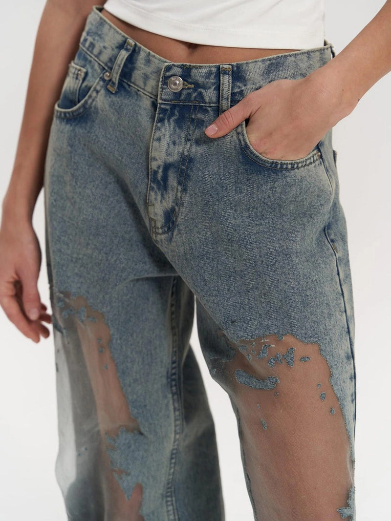 Renee Sheer Mesh Panel Insert Wide Leg Denim Jeans