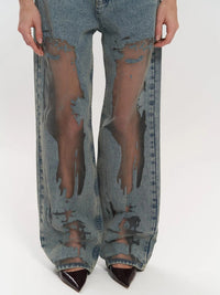 Renee Sheer Mesh Panel Insert Wide Leg Denim Jeans