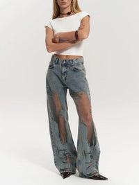 Renee Sheer Mesh Panel Insert Wide Leg Denim Jeans