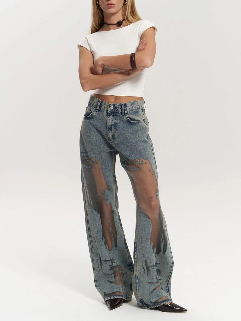Renee Sheer Mesh Panel Insert Wide Leg Denim Jeans