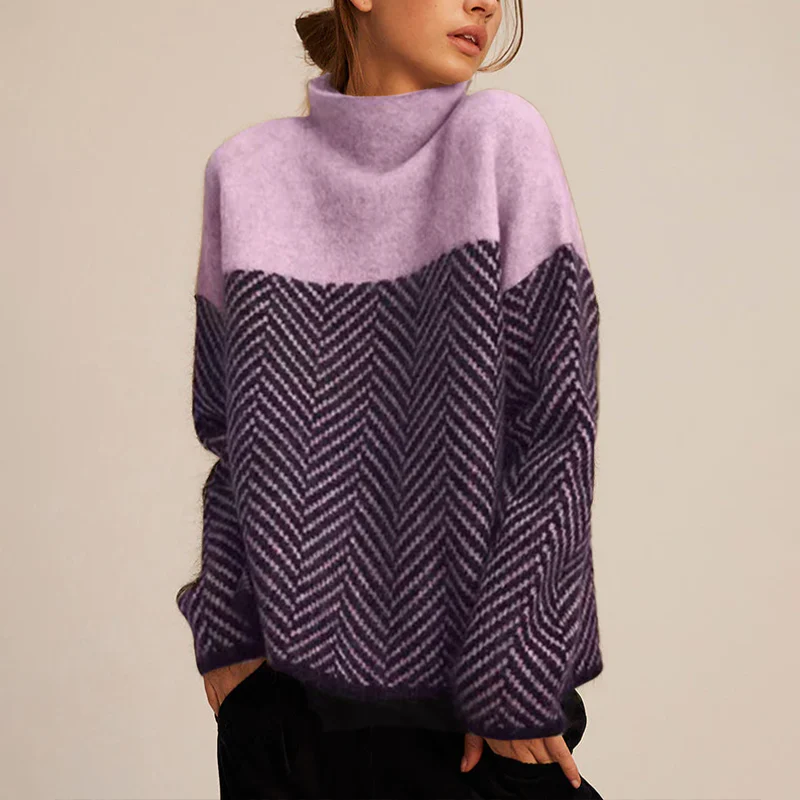 Damaris Herringbone Colour Block Roll Neck Knit Jumper - Purple